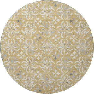HomeRoots 8' Gold and Gray Floral Washable Round Rug - UV Protected, Durable, Pet-Friendly, and Stylish Design 673924