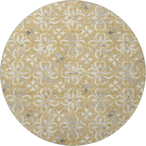 HomeRoots 8' Gold and Gray Floral Washable Round Rug - UV Protected, Durable, Pet-Friendly, and Stylish Design 673924