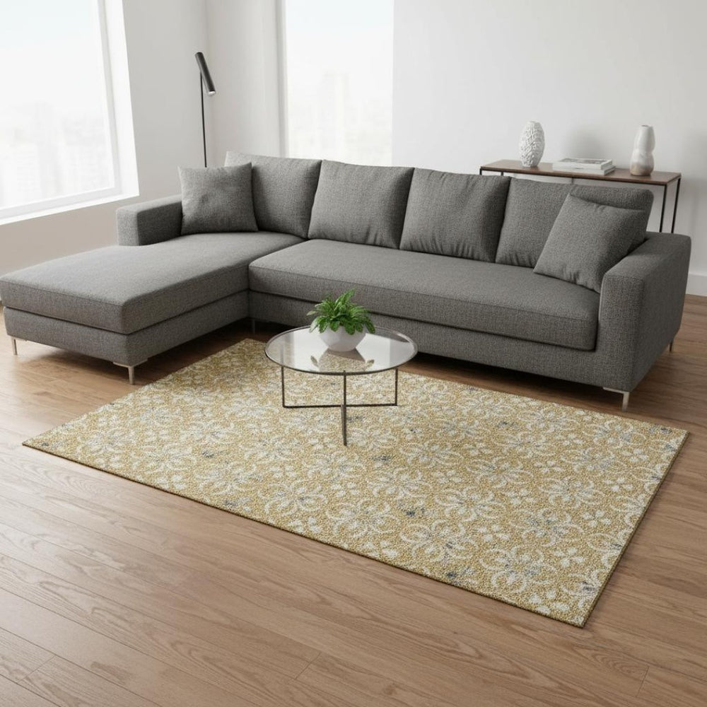 HomeRoots 8' X 10' Floral Washable Area Rug in Gold & Gray with UV Protection – Perfect for Busy Homes! 673925