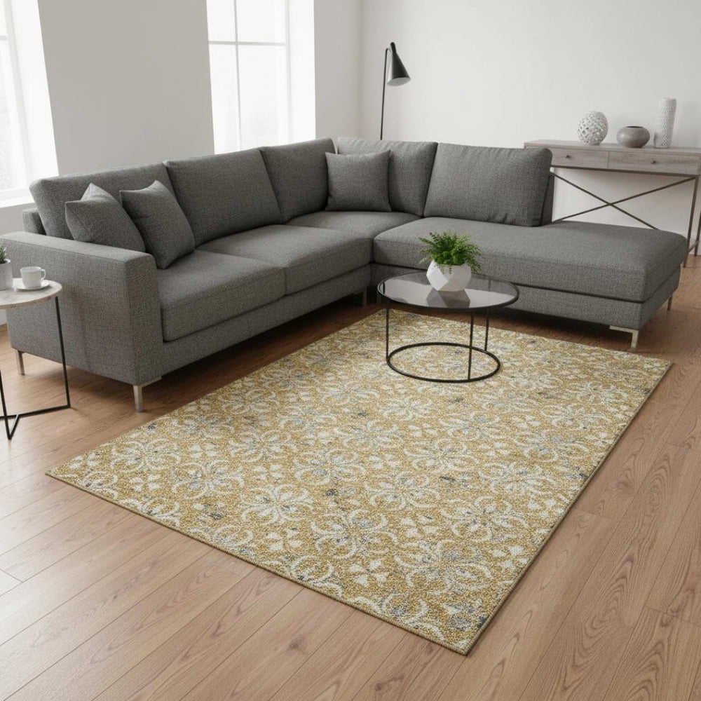 HomeRoots 9' X 12' Gold & Gray Floral Area Rug - Durable, Washable, UV-Protected for High-Traffic Homes 673926