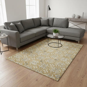 HomeRoots 9' X 12' Gold & Gray Floral Area Rug - Durable, Washable, UV-Protected for High-Traffic Homes 673926
