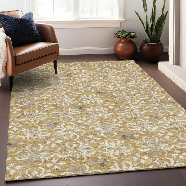 HomeRoots 9' X 12' Gold & Gray Floral Area Rug - Durable, Washable, UV-Protected for High-Traffic Homes 673926