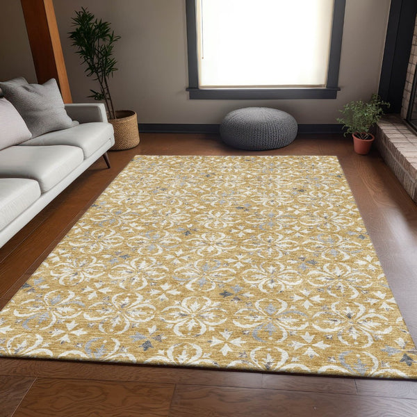 HomeRoots 9' X 12' Gold & Gray Floral Area Rug - Durable, Washable, UV-Protected for High-Traffic Homes 673926