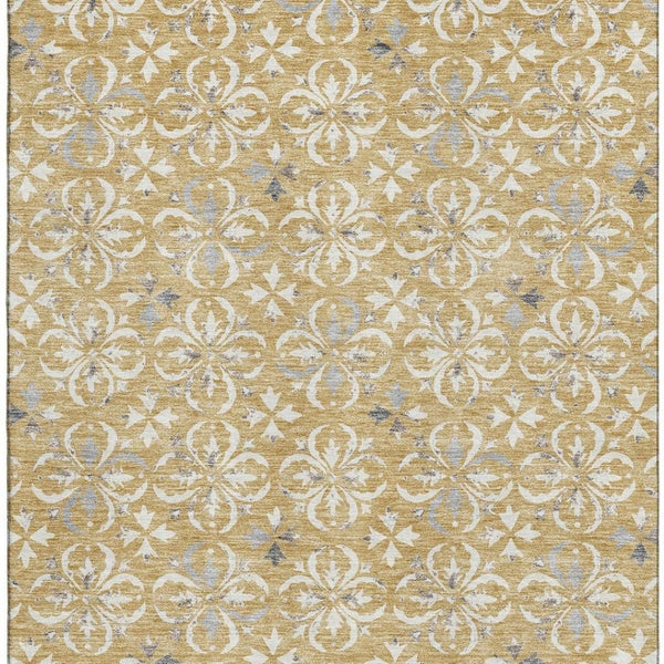 HomeRoots 9' X 12' Gold & Gray Floral Area Rug - Durable, Washable, UV-Protected for High-Traffic Homes 673926