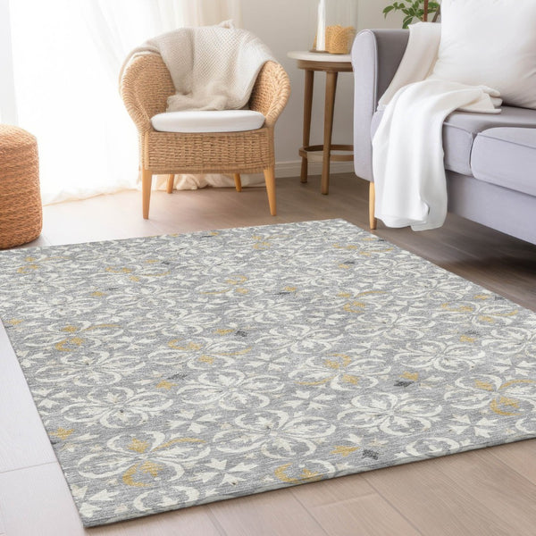 HomeRoots 5' X 8' Gray And Ivory Floral Area Rug - Washable, UV Protected, Durable for High-Traffic Homes 673929