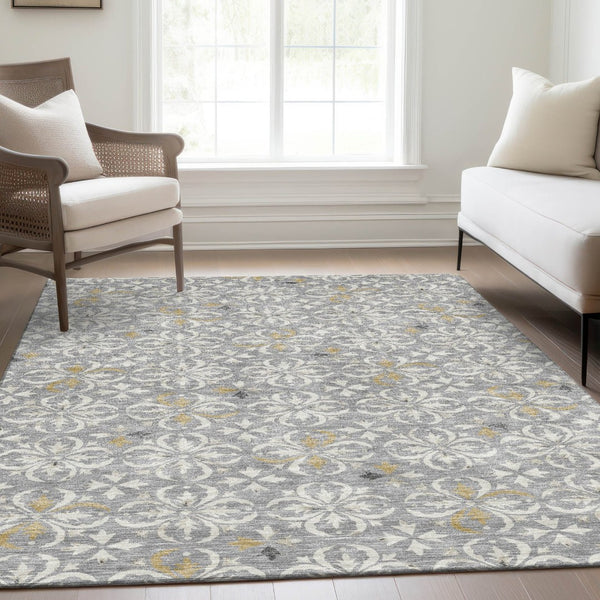 HomeRoots 5' X 8' Gray And Ivory Floral Area Rug - Washable, UV Protected, Durable for High-Traffic Homes 673929