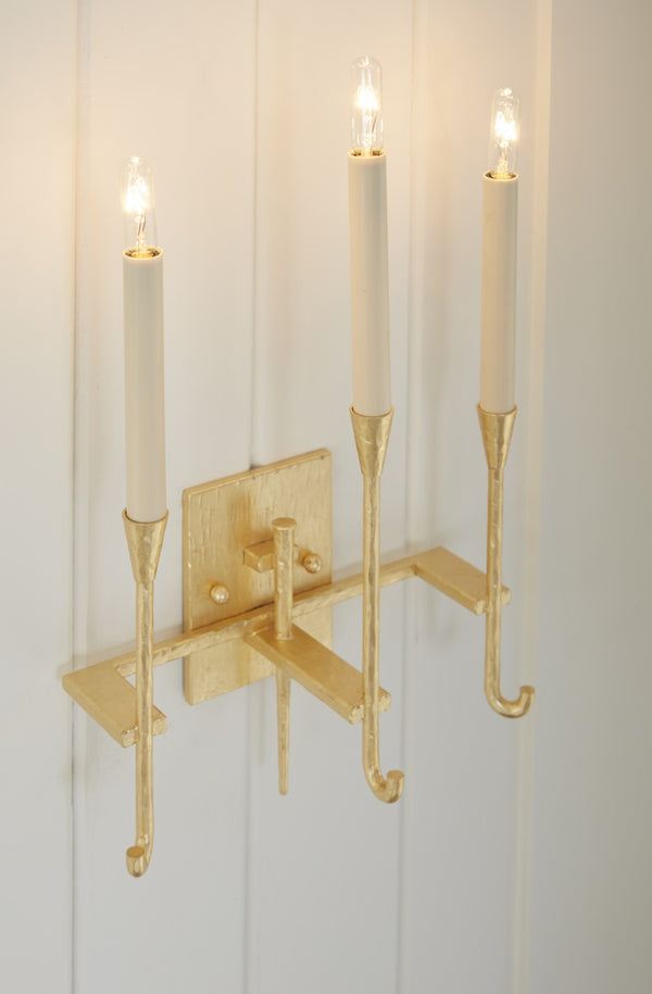 Wildwood Diego Hammered Gold Leaf Sconce — 3-Candle Electrified Wall Light, Transitional Sculptural Accent (21) 67393