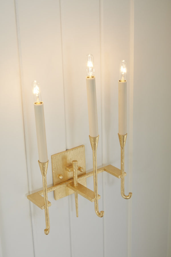 Wildwood Diego Hammered Gold Leaf Sconce — 3-Candle Electrified Wall Light, Transitional Sculptural Accent (21) 67393
