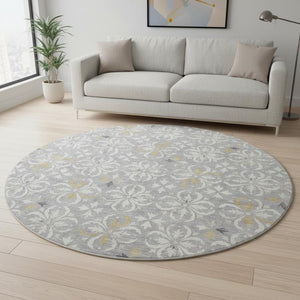 HomeRoots 8' Gray and Ivory Floral Round Rug - Washable, UV Protected, Durable Design for Indoor & Outdoor Use 673930