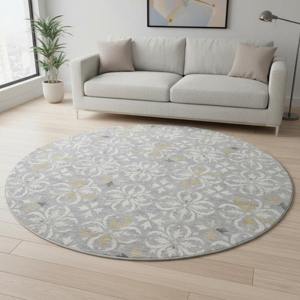 HomeRoots 8' Gray and Ivory Floral Round Rug - Washable, UV Protected, Durable Design for Indoor & Outdoor Use 673930