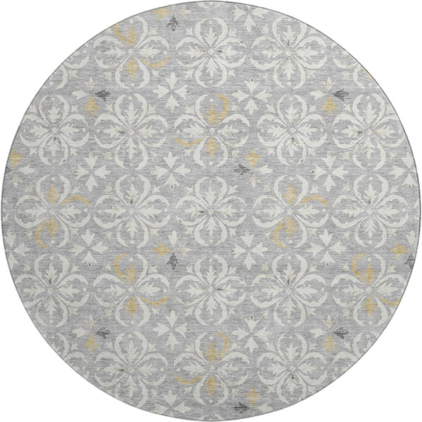 HomeRoots 8' Gray and Ivory Floral Round Rug - Washable, UV Protected, Durable Design for Indoor & Outdoor Use 673930