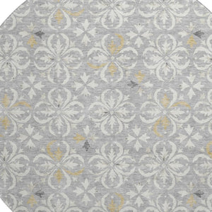 HomeRoots 8' Gray and Ivory Floral Round Rug - Washable, UV Protected, Durable Design for Indoor & Outdoor Use 673930