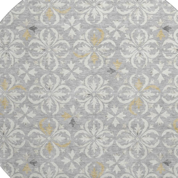 HomeRoots 8' Gray and Ivory Floral Round Rug - Washable, UV Protected, Durable Design for Indoor & Outdoor Use 673930
