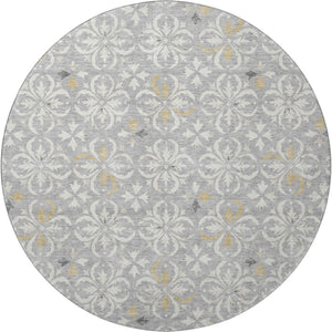 HomeRoots 8' Gray and Ivory Floral Round Rug - Washable, UV Protected, Durable Design for Indoor & Outdoor Use 673930