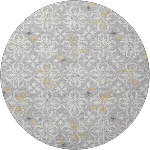 HomeRoots 8' Gray and Ivory Floral Round Rug - Washable, UV Protected, Durable Design for Indoor & Outdoor Use 673930