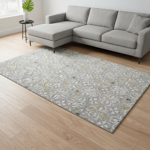 HomeRoots 9' X 12' Gray and Ivory Floral Area Rug - Durable, Washable, UV Protected for Homes with Kids & Pets 673932