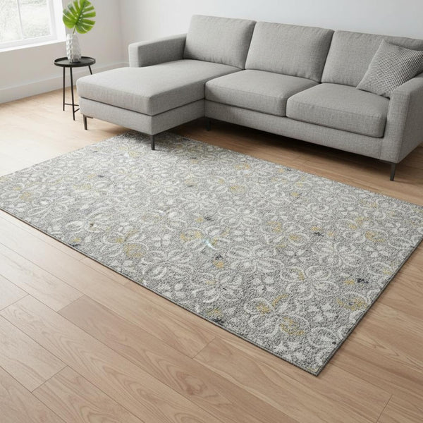 HomeRoots 9' X 12' Gray and Ivory Floral Area Rug - Durable, Washable, UV Protected for Homes with Kids & Pets 673932