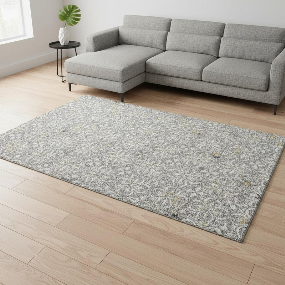 HomeRoots 10' Gray and Ivory Floral Washable Area Rug - Stain Resistant, UV Protected, Perfect for High-Traffic Spaces 673933