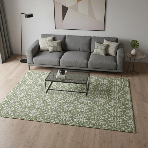 HomeRoots 5' X 8' Green And Ivory Floral Area Rug – Washable, Stain Resistant, UV Protected for Busy Homes 673935