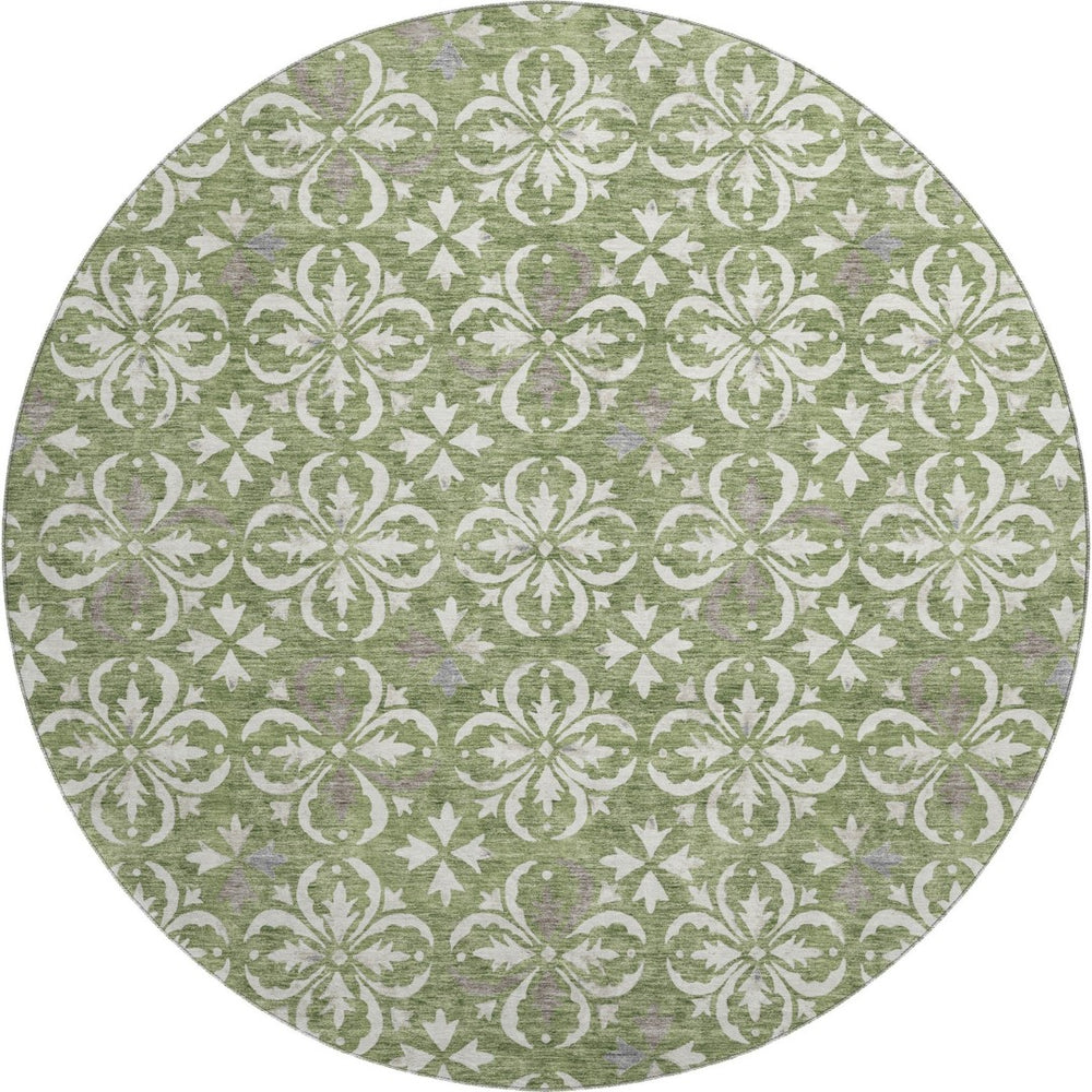 HomeRoots 8' Green and Ivory Floral Round Rug - Washable, UV Protected, Ideal for High-Traffic Areas & Kids 673936