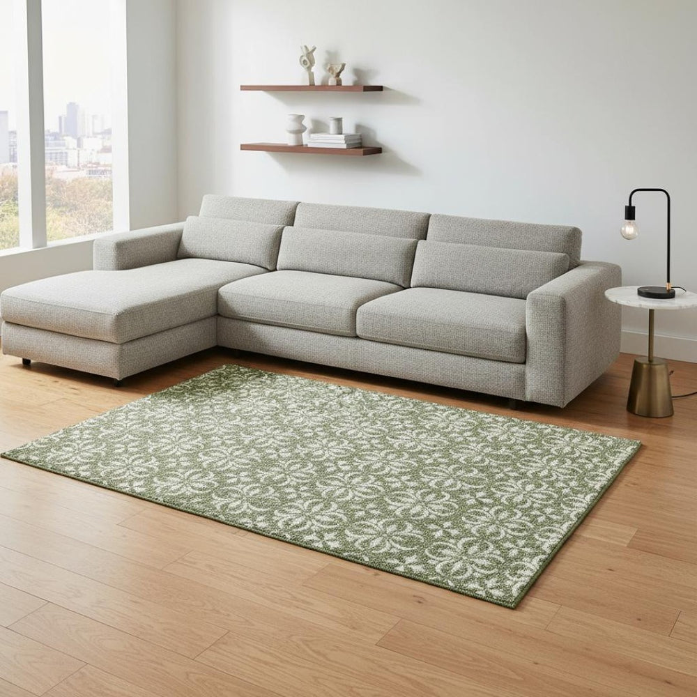HomeRoots 9' X 12' Floral Area Rug in Green and Ivory - Washable, UV Protected, Perfect for Family Spaces! 673938
