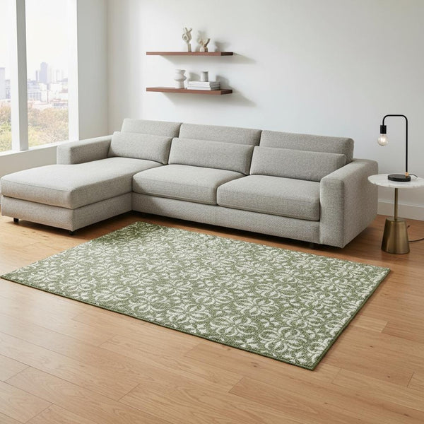 HomeRoots 9' X 12' Floral Area Rug in Green and Ivory - Washable, UV Protected, Perfect for Family Spaces! 673938