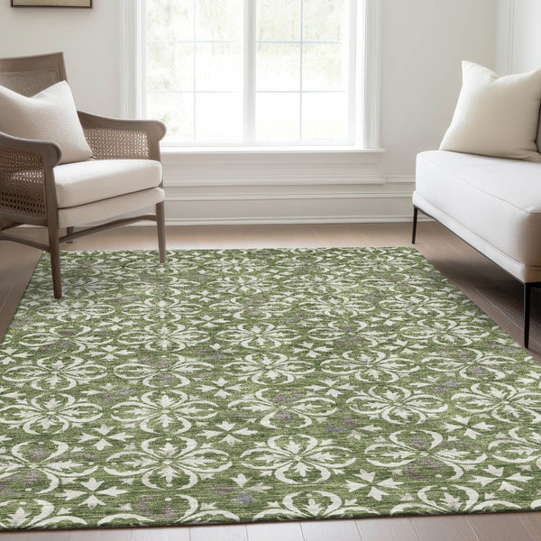 HomeRoots 9' X 12' Floral Area Rug in Green and Ivory - Washable, UV Protected, Perfect for Family Spaces! 673938