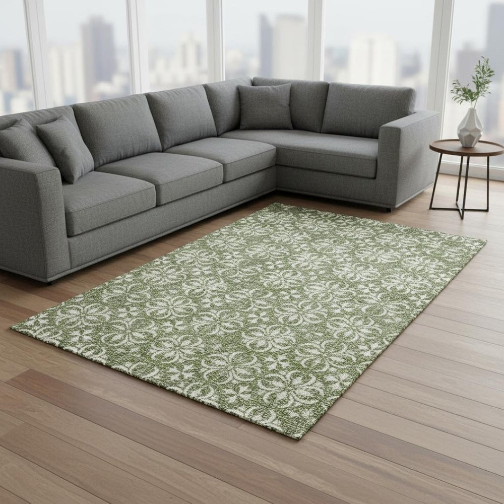 HomeRoots 10' X 14' Green And Ivory Floral Area Rug - Washable, Stain-Resistant, UV Protected for High-Traffic Spaces 673939