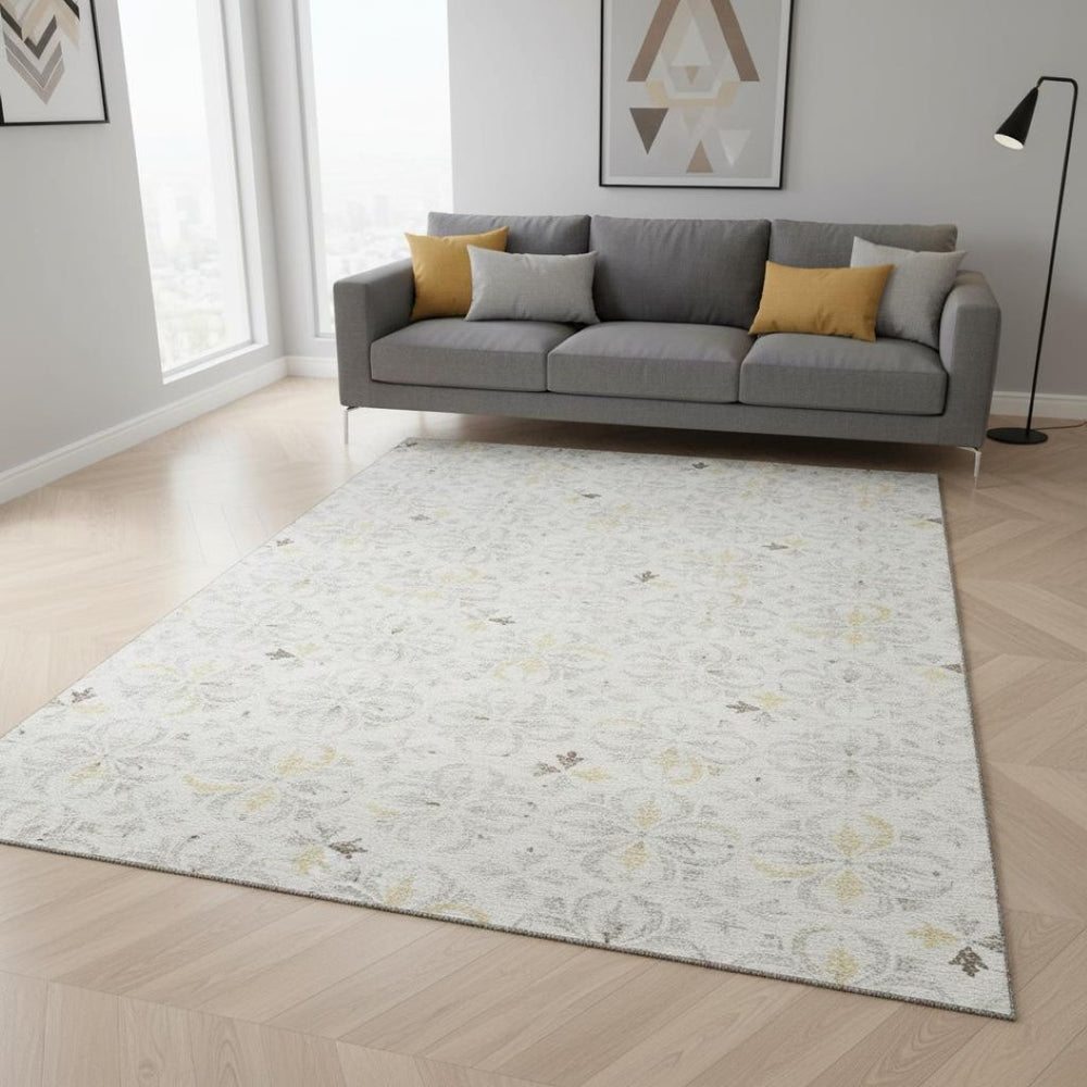 HomeRoots 5' X 8' Ivory and Beige Floral Washable Area Rug - Durable, UV-Protected, Stain-Resistant Design 673941