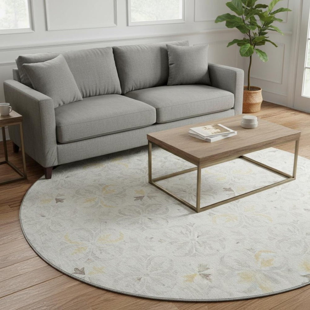 HomeRoots 8' Ivory and Beige Floral Washable Round Rug - Durable, UV-Protected, Stain-Resistant Elegance 673942