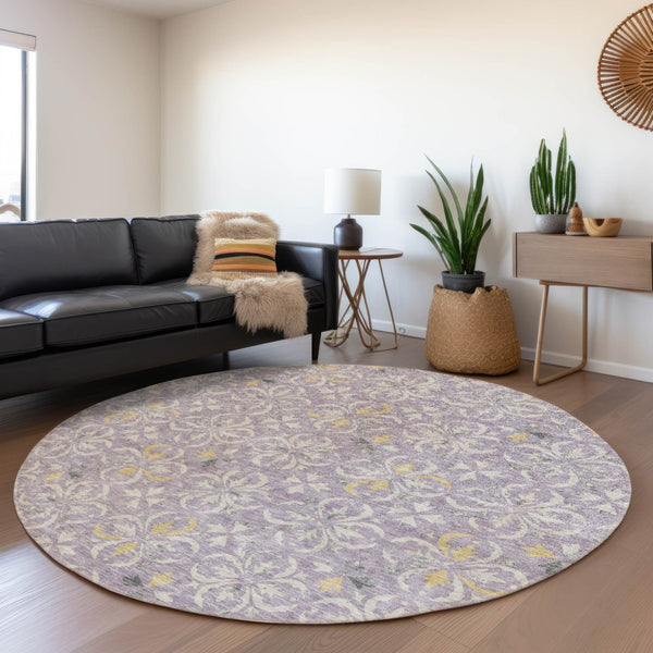 HomeRoots 8' Lavender Floral Round Rug - Washable, UV Protected, Stain Resistant for Homes with Kids & Pets 673948