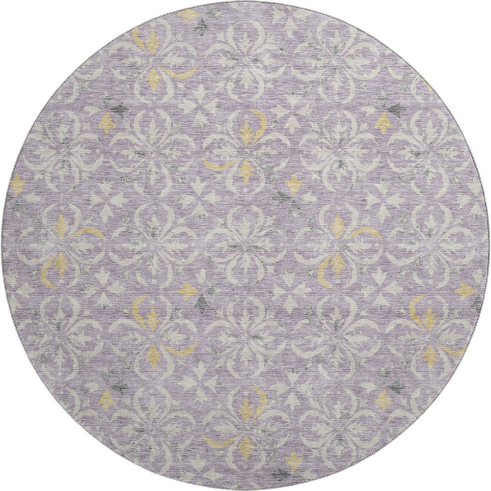 HomeRoots 8' Lavender Floral Round Rug - Washable, UV Protected, Stain Resistant for Homes with Kids & Pets 673948