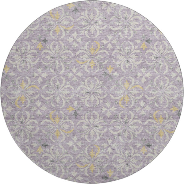 HomeRoots 8' Lavender Floral Round Rug - Washable, UV Protected, Stain Resistant for Homes with Kids & Pets 673948