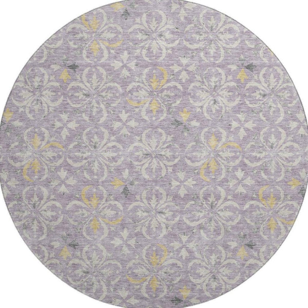 HomeRoots 8' Lavender Floral Round Rug - Washable, UV Protected, Stain Resistant for Homes with Kids & Pets 673948