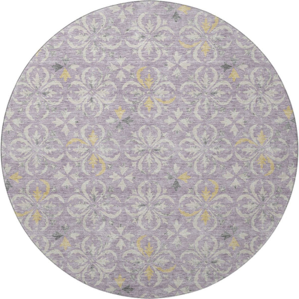 HomeRoots 8' Lavender Floral Round Rug - Washable, UV Protected, Stain Resistant for Homes with Kids & Pets 673948