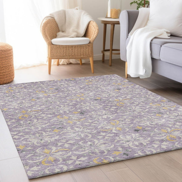 HomeRoots 9' X 12' Elegant Lavender & Ivory Floral Area Rug - Washable, Stain Resistant, UV Protected Design! 673950