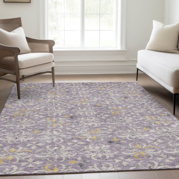 HomeRoots 9' X 12' Elegant Lavender & Ivory Floral Area Rug - Washable, Stain Resistant, UV Protected Design! 673950