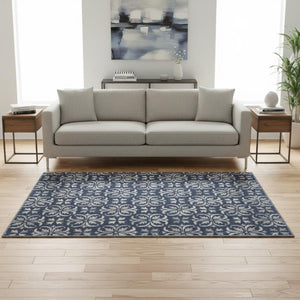 HomeRoots 5' X 8' Navy Blue Floral Area Rug - Washable, UV Protected, Durable for Busy Homes & Stylish Decor 673953