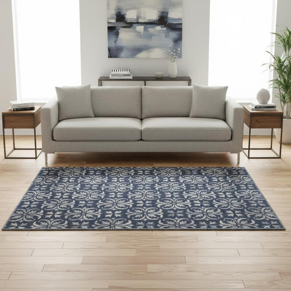 HomeRoots 5' X 8' Navy Blue Floral Area Rug - Washable, UV Protected, Durable for Busy Homes & Stylish Decor 673953