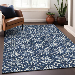 HomeRoots 5' X 8' Navy Blue Floral Area Rug - Washable, UV Protected, Durable for Busy Homes & Stylish Decor 673953