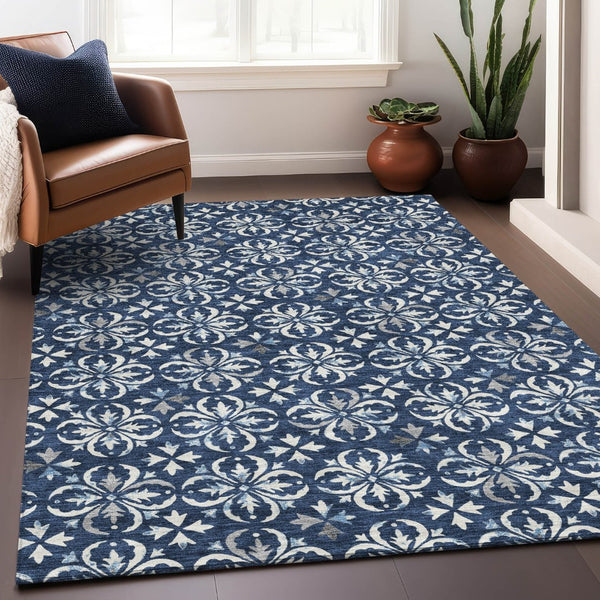 HomeRoots 5' X 8' Navy Blue Floral Area Rug - Washable, UV Protected, Durable for Busy Homes & Stylish Decor 673953