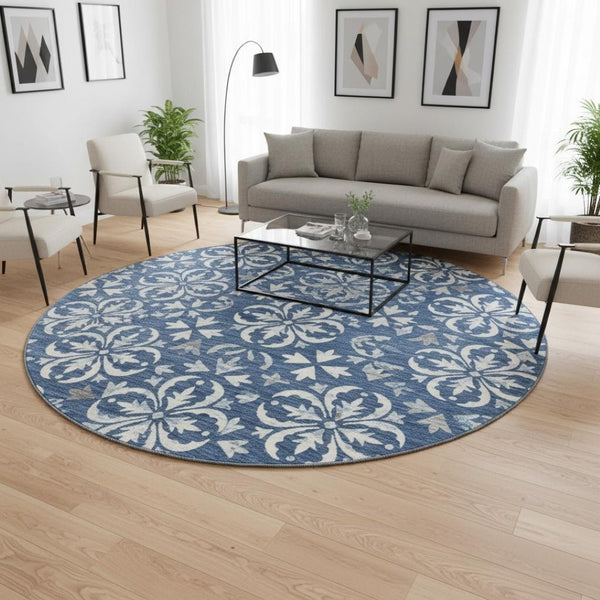 HomeRoots 8' Navy Blue & Ivory Floral Round Rug - Stain-Resistant, UV Protected, Washable for Easy Care! 673954