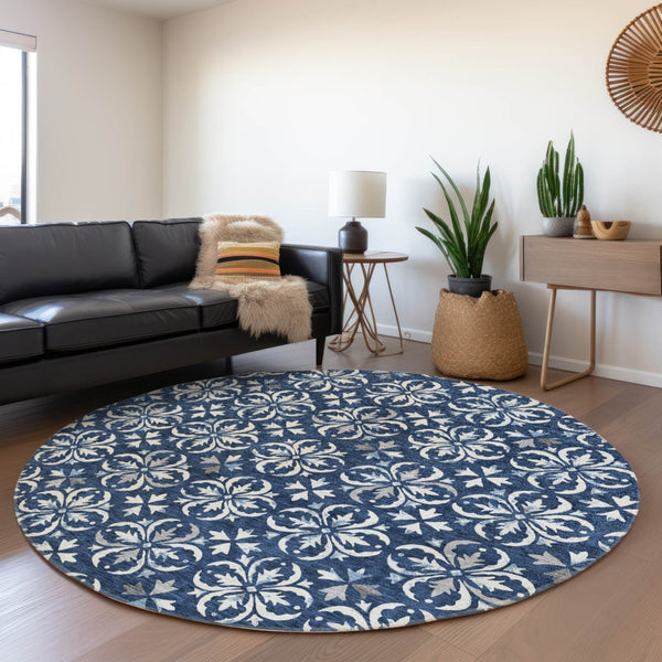 HomeRoots 8' Navy Blue & Ivory Floral Round Rug - Stain-Resistant, UV Protected, Washable for Easy Care! 673954