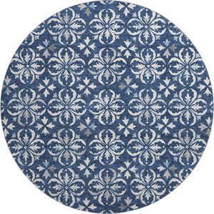 HomeRoots 8' Navy Blue & Ivory Floral Round Rug - Stain-Resistant, UV Protected, Washable for Easy Care! 673954