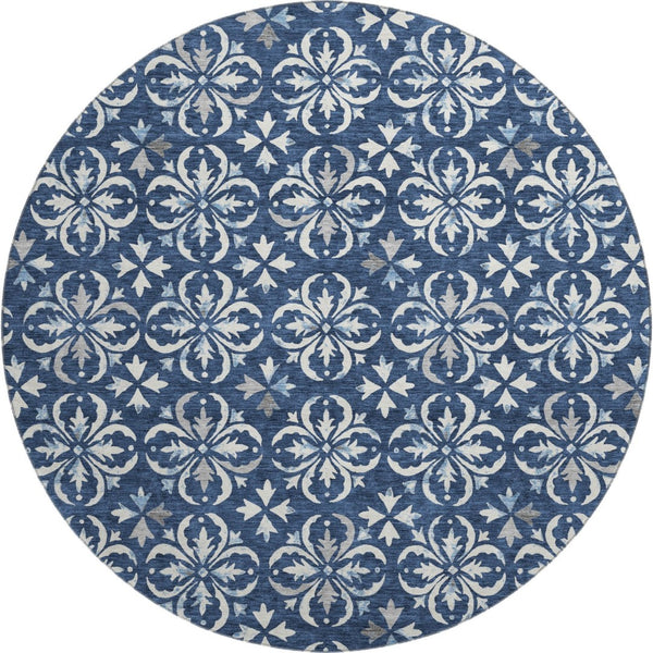 HomeRoots 8' Navy Blue & Ivory Floral Round Rug - Stain-Resistant, UV Protected, Washable for Easy Care! 673954