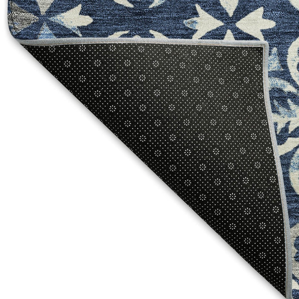 HomeRoots 8' Navy Blue & Ivory Floral Round Rug - Stain-Resistant, UV Protected, Washable for Easy Care! 673954