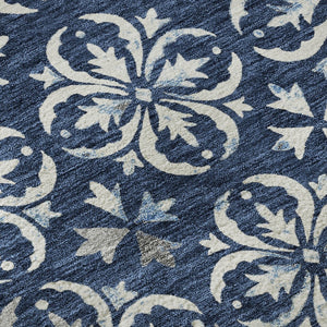 HomeRoots 8' Navy Blue & Ivory Floral Round Rug - Stain-Resistant, UV Protected, Washable for Easy Care! 673954