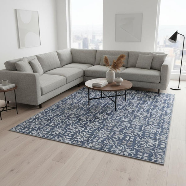 HomeRoots 8' X 10' Navy Blue & Ivory Floral Area Rug - Washable, Durable, UV-Protected for High-Traffic Spaces 673955
