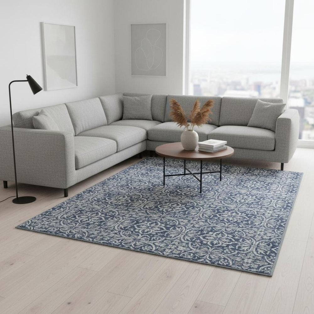 HomeRoots 9' X 12' Navy Blue & Ivory Floral Area Rug - Washable, UV-Protected, Durable for Family Living Spaces 673956