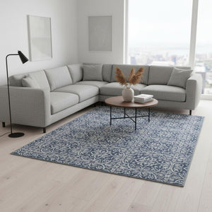 HomeRoots 9' X 12' Navy Blue & Ivory Floral Area Rug - Washable, UV-Protected, Durable for Family Living Spaces 673956